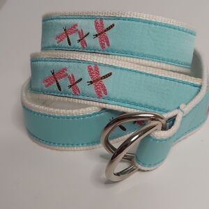 Dragonfly Belt 42” D-Ring Fabric Ribbon Size M/L Blue Pink